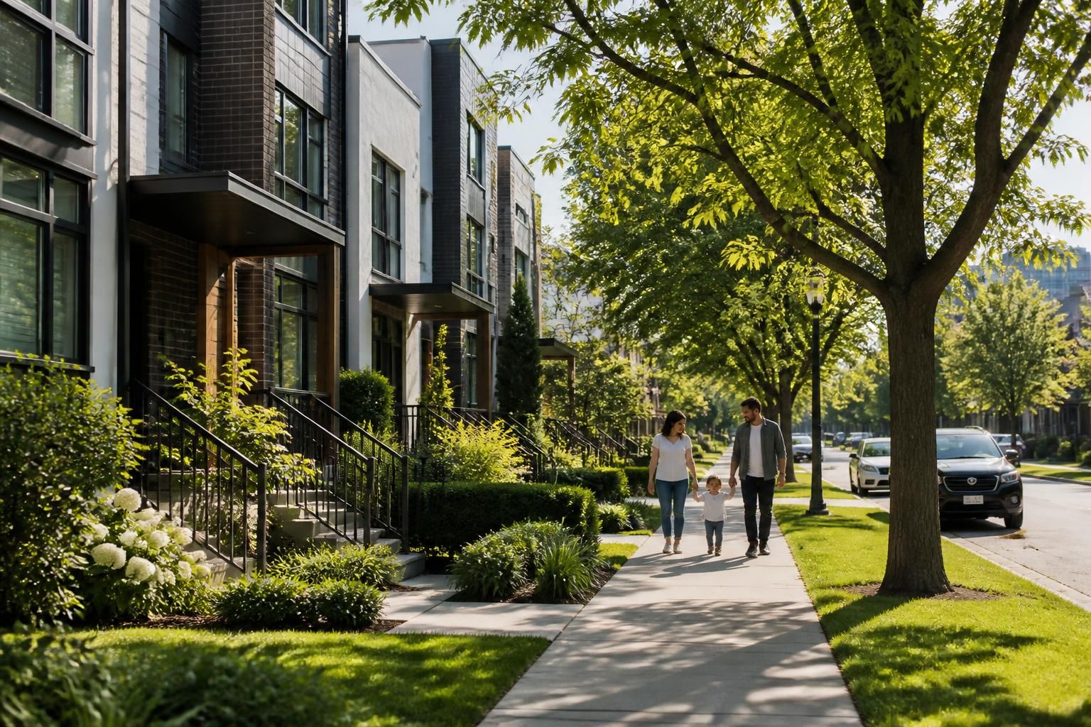 Modern neighborhood with trees and a clean urban feel.
