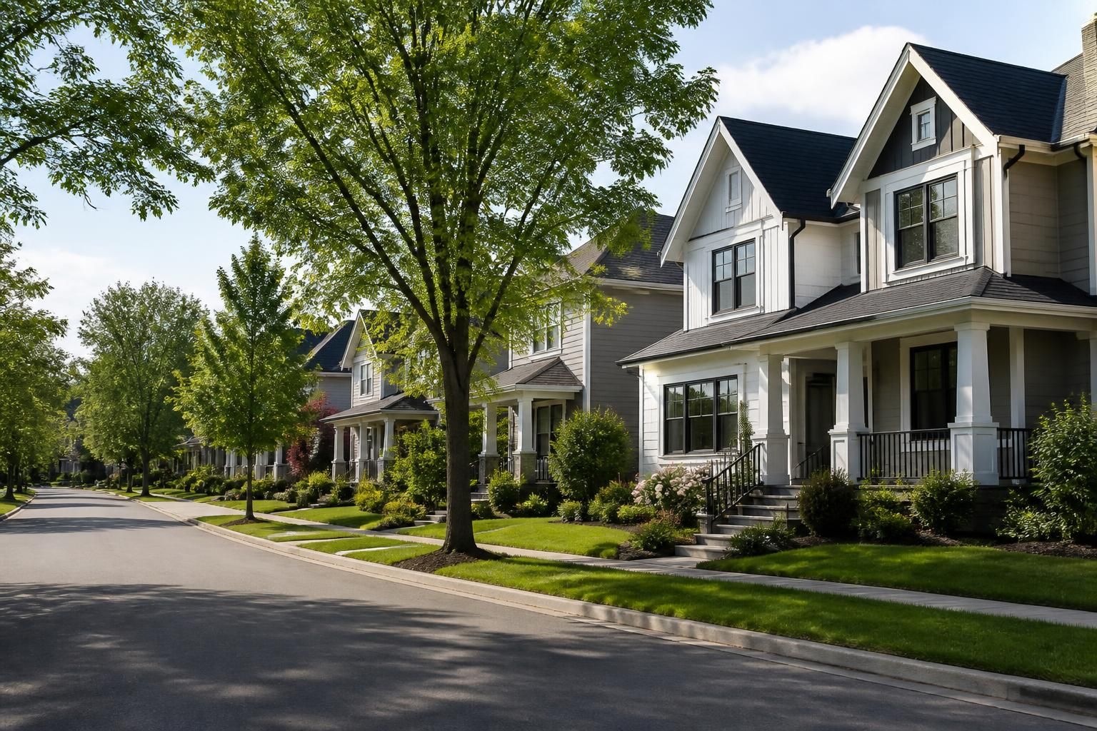 Modern homes along a clean residential road.