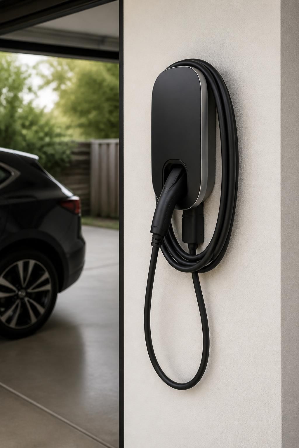 Finished EV charger installed neatly on a clean garage wall.
