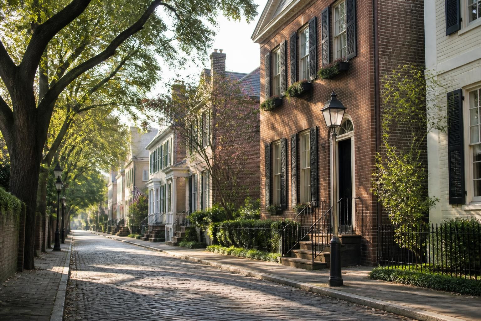 Historic buildings along a calm tree-lined street.