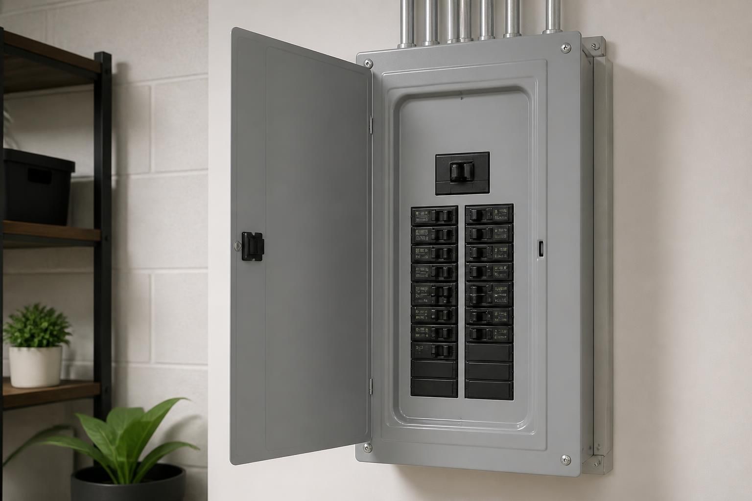 Modern electrical panel upgrade in a clean utility room.