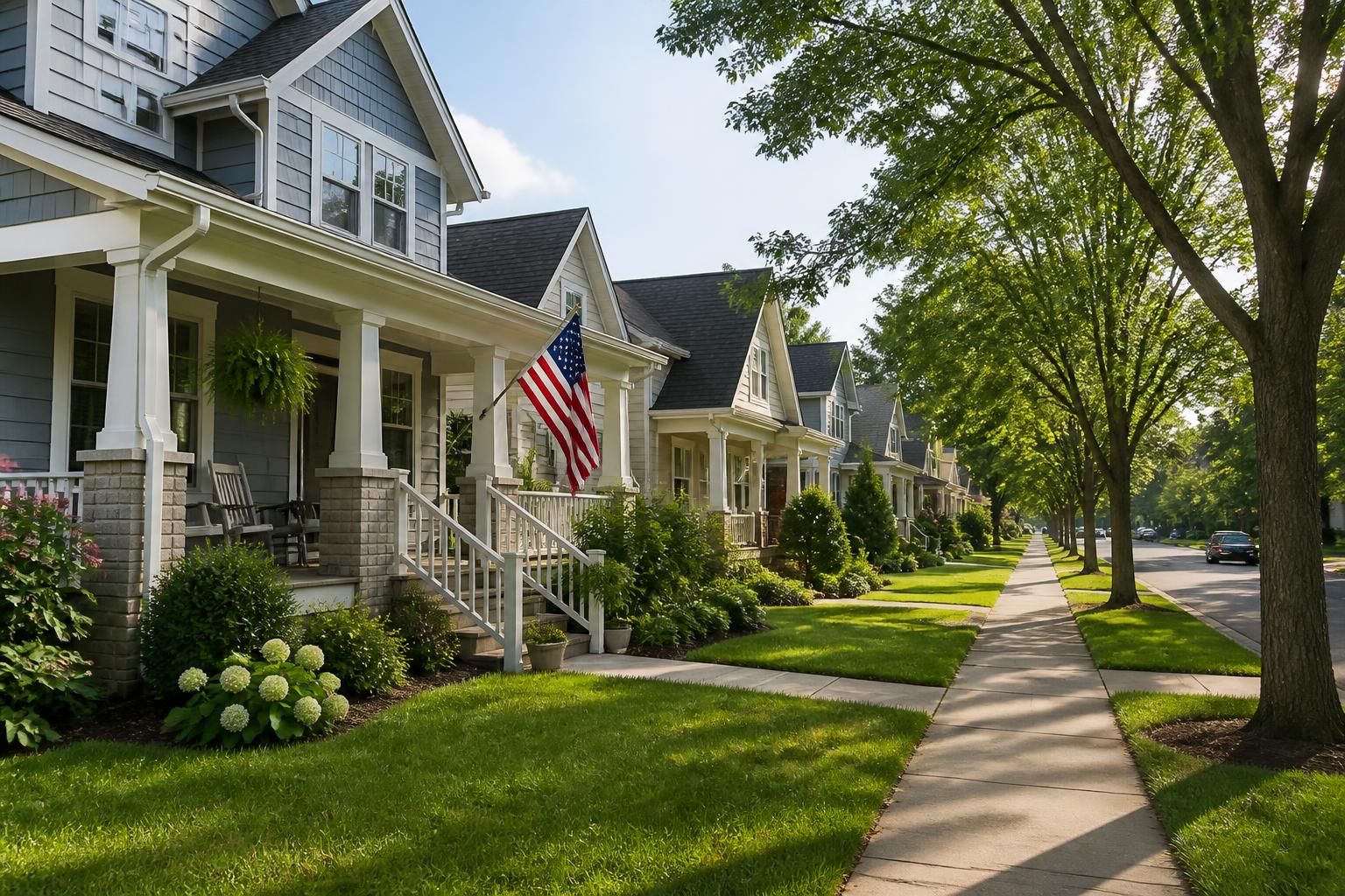 Tidy suburban street with homes and sidewalks.