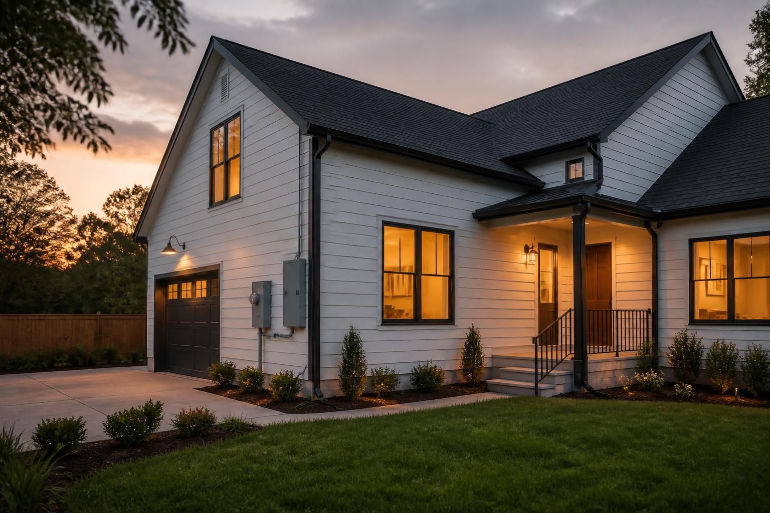 Modern home exterior with warm lights and a clean electrical installation.
