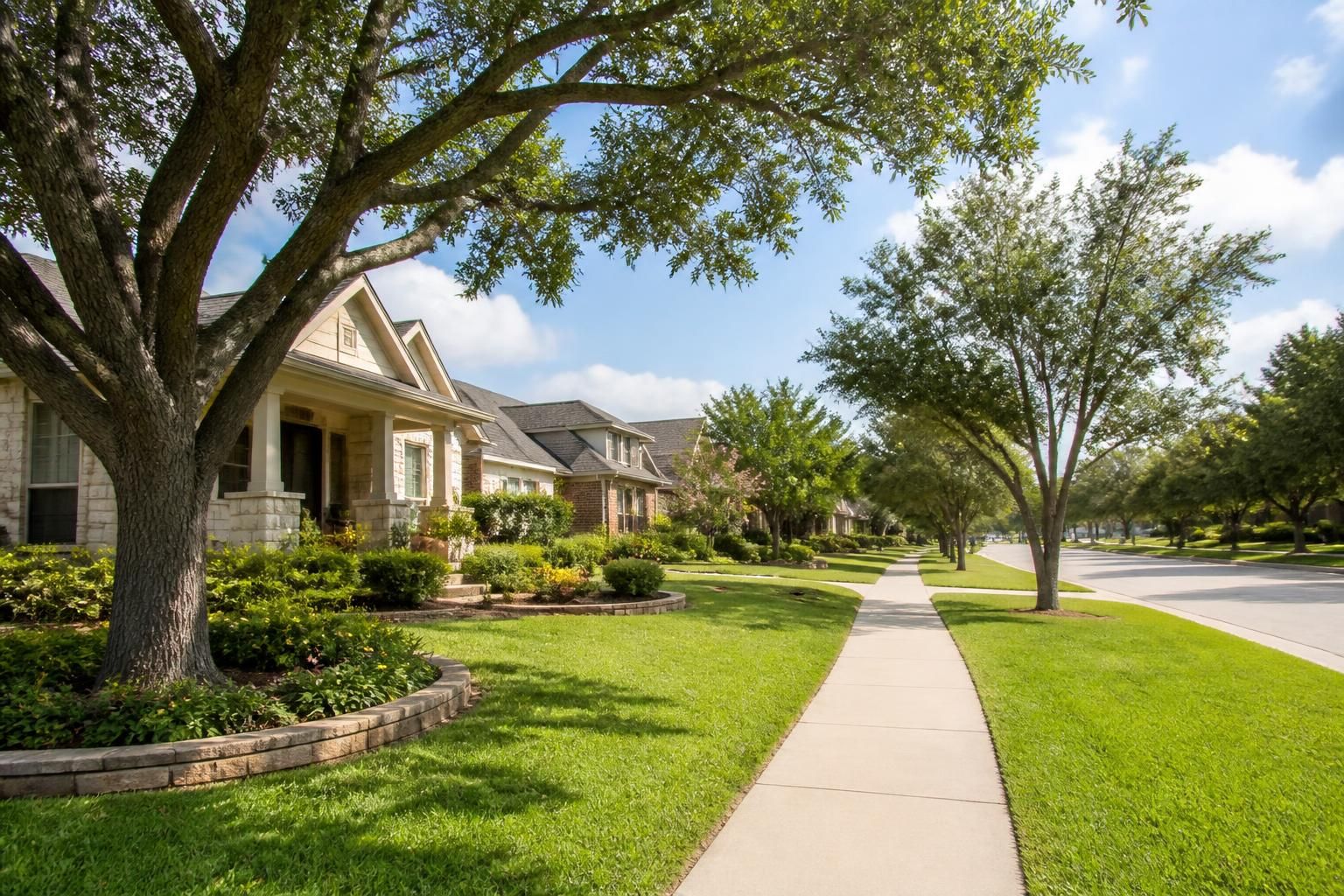 Well-kept neighborhood with homes and mature trees.